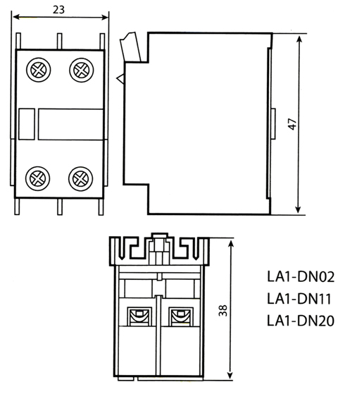 Габаритные размеры блоков дополнительных контакторов LA1-DN02, LA1-DN11, LA1-DN20
