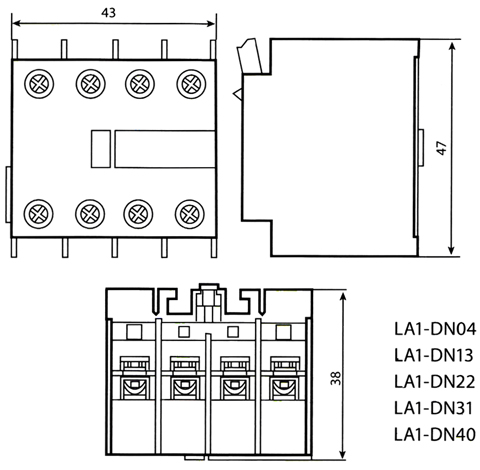 Габаритные размеры блоков дополнительных контакторов LA1-DN04, LA1-DN13, LA1-DN22, LA1-DN31, LA1-DN40