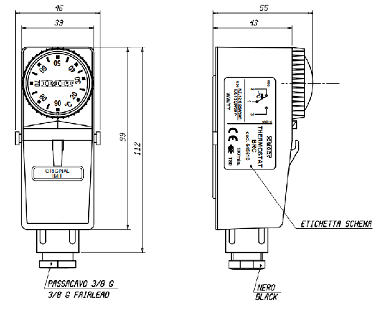 Габаритные и установочные размеры датчика-регулятора (термостат) BRC